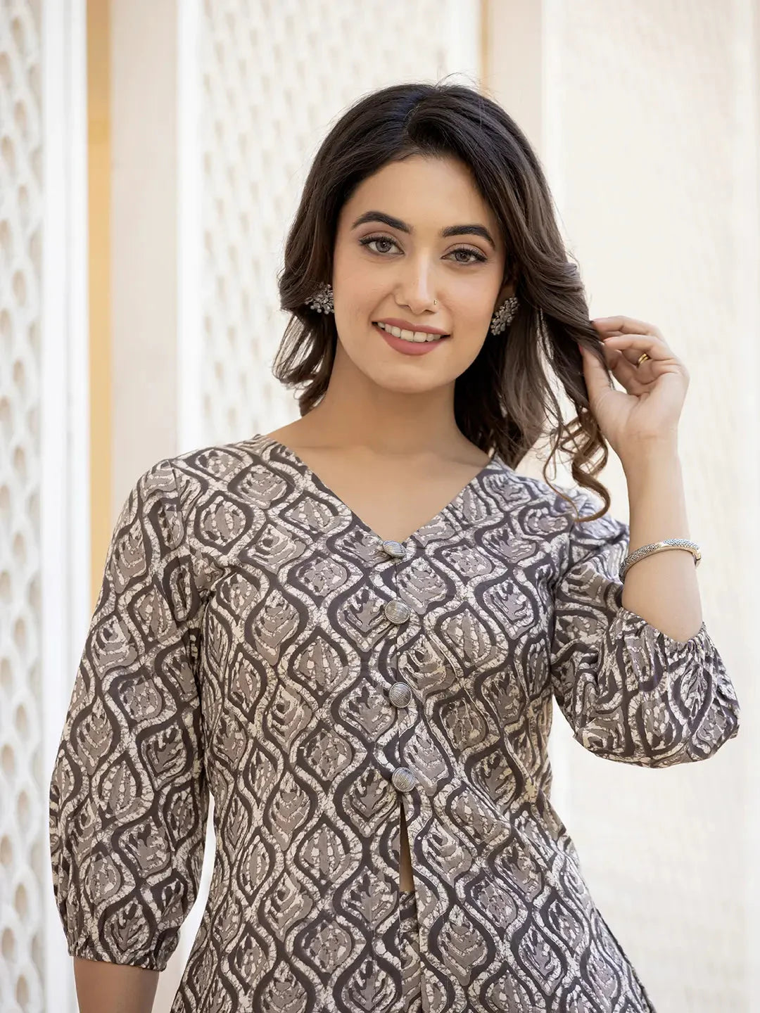 Ethnic Motifs Print Grey Cotton A Line Co Ord Set