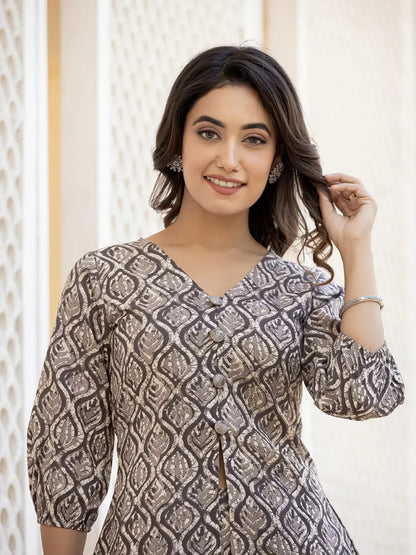 Ethnic Motifs Print Grey Cotton A Line Co Ord Set