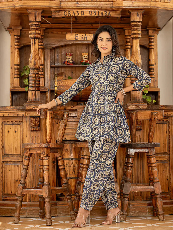 Ethnic Motifs Print Navy Cotton Co Ord Set