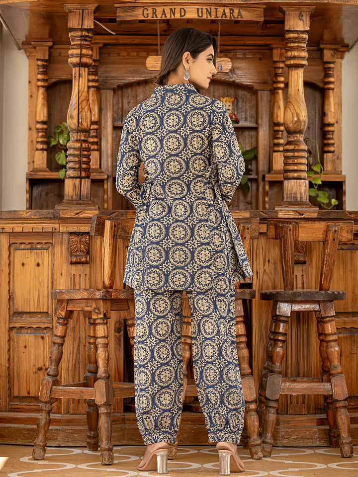Ethnic Motifs Print Navy Cotton Co Ord Set