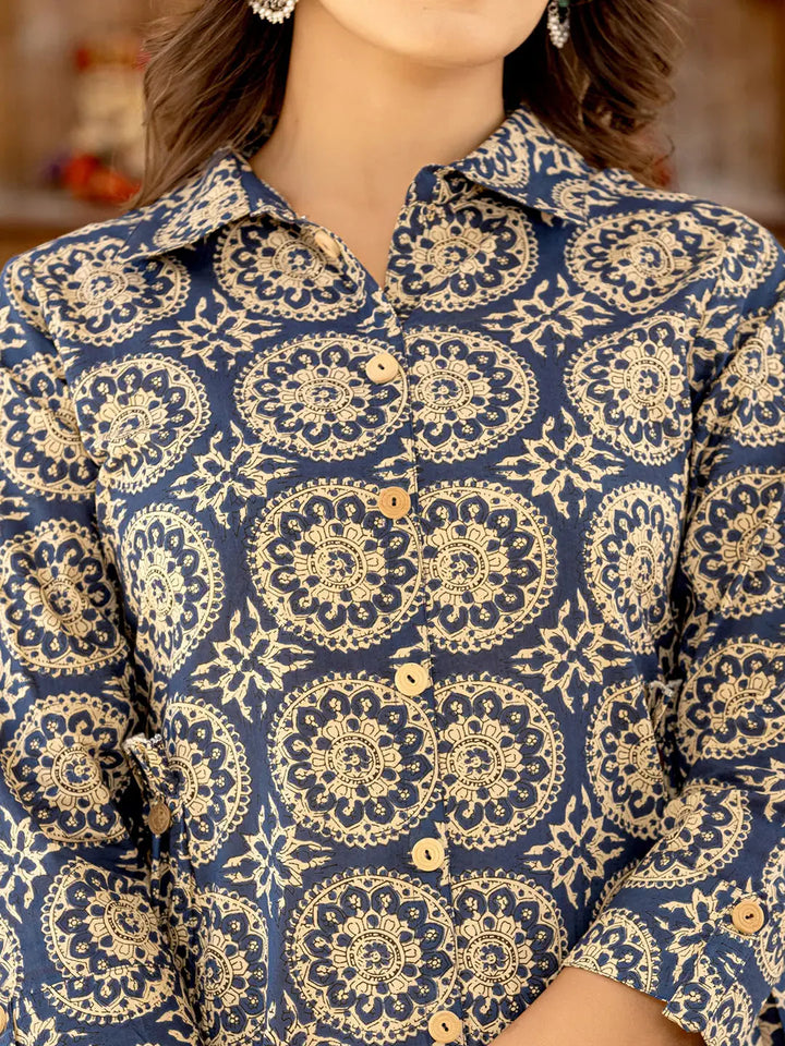 Ethnic Motifs Print Navy Cotton Co Ord Set