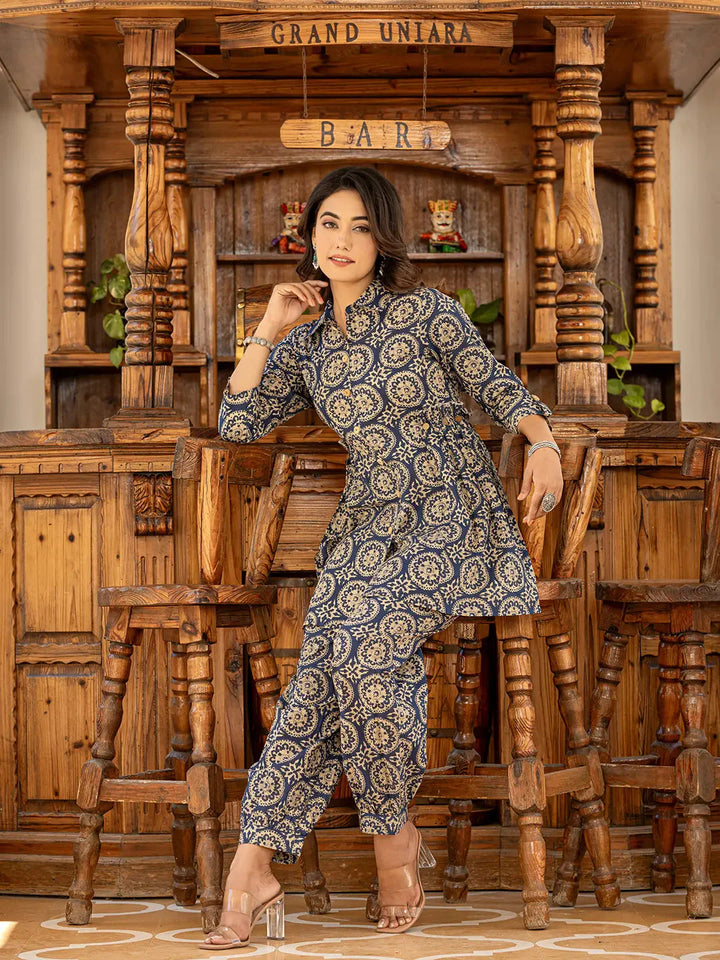 Ethnic Motifs Print Navy Cotton Co Ord Set