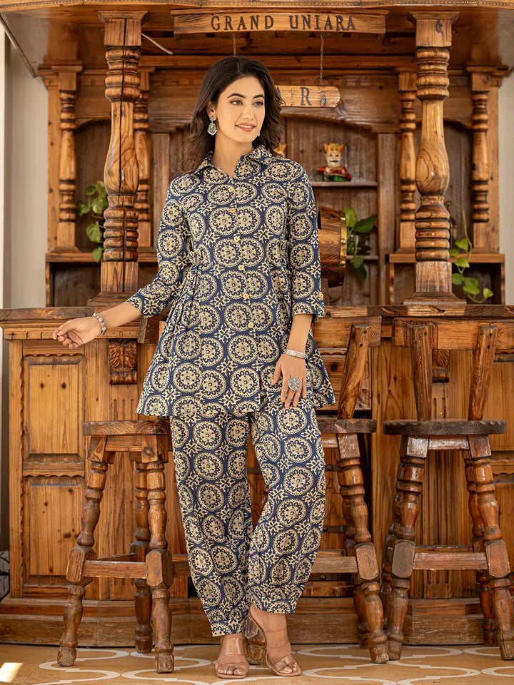 Ethnic Motifs Print Navy Cotton Co Ord Set