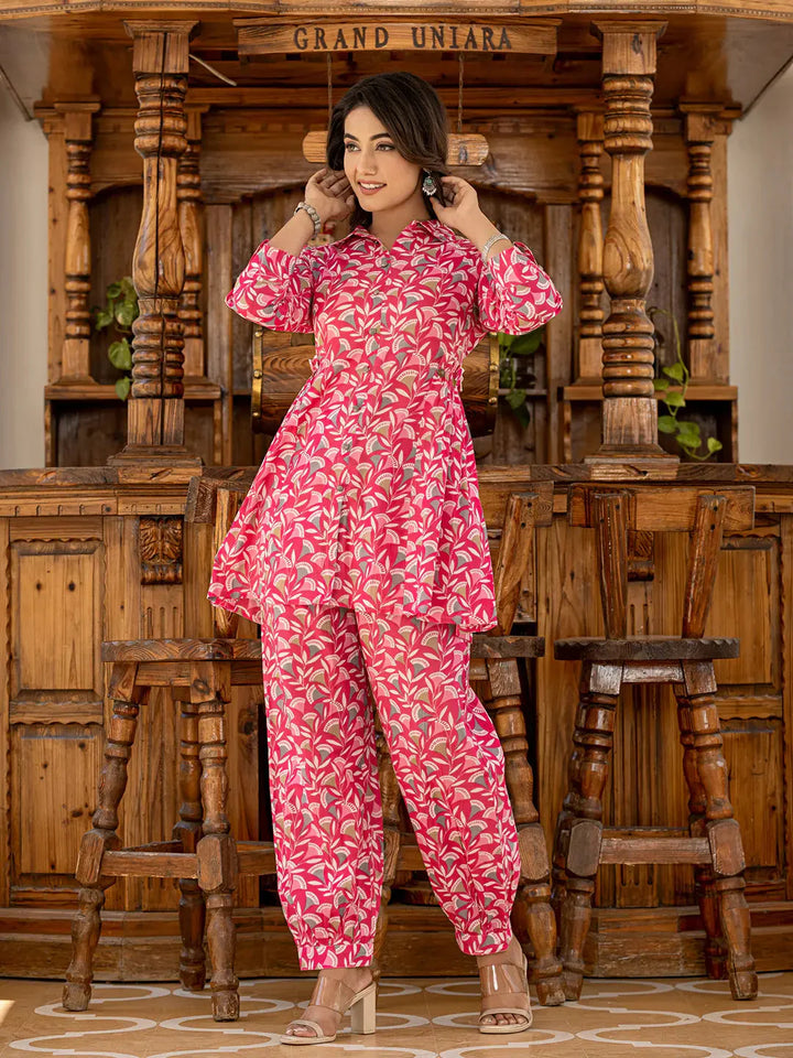 Ethnic Motifs Print Pink Cotton Co Ord Set