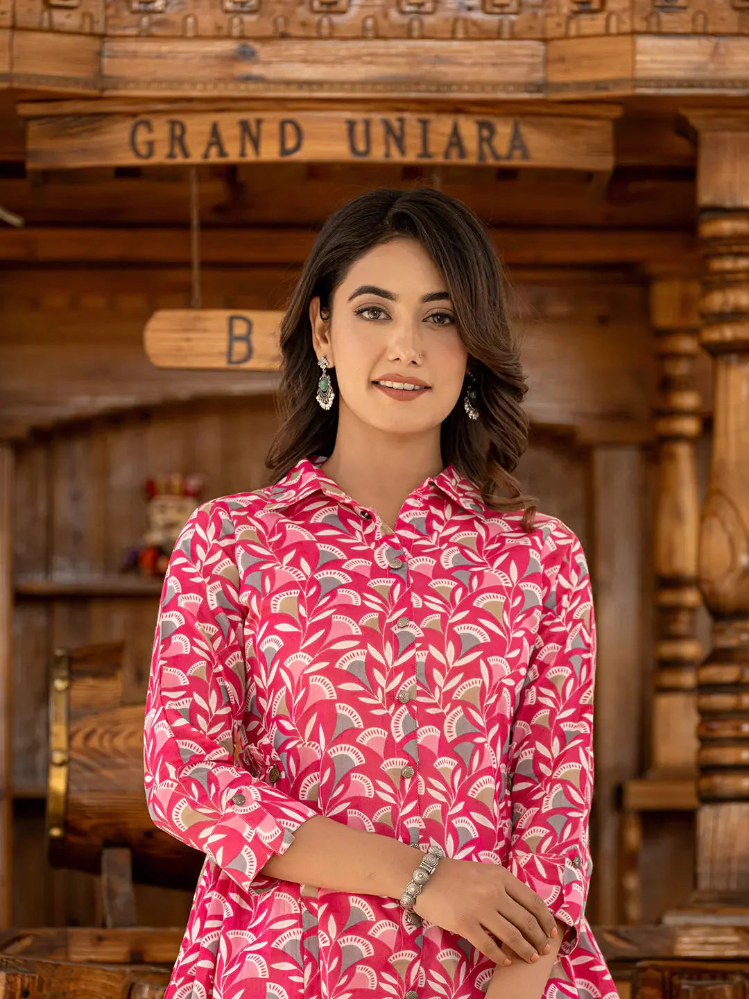 Ethnic Motifs Print Pink Cotton Co Ord Set