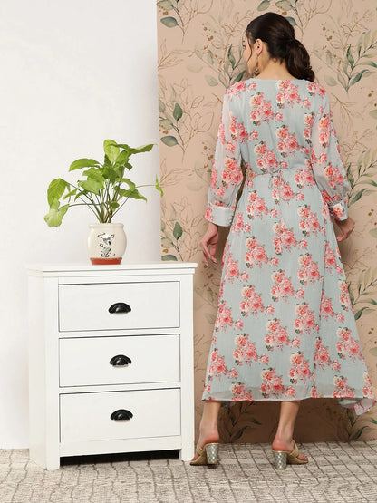 Floral Chiffon A Line Midi Dress
