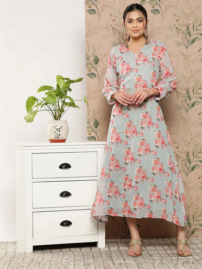 Floral Chiffon A Line Midi Dress