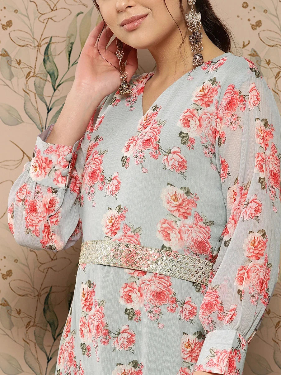 Floral Chiffon A Line Midi Dress