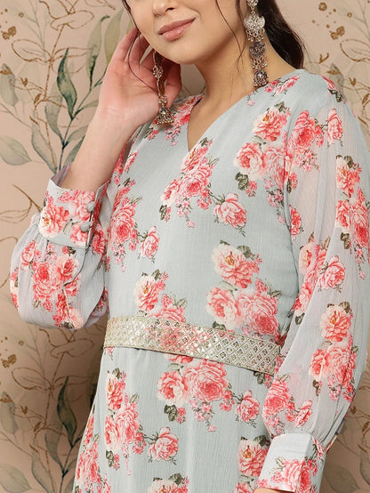 Floral Chiffon A Line Midi Dress