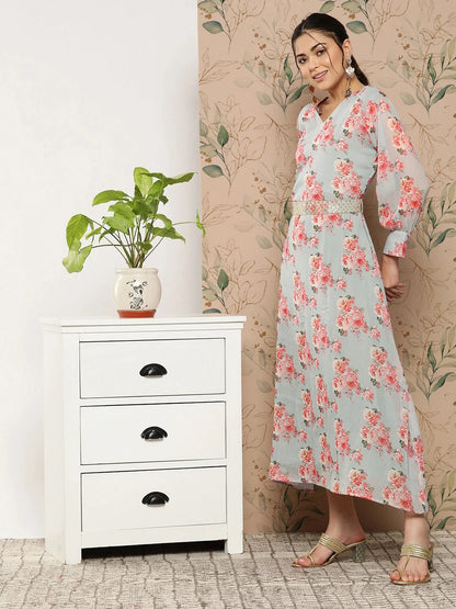 Floral Chiffon A Line Midi Dress