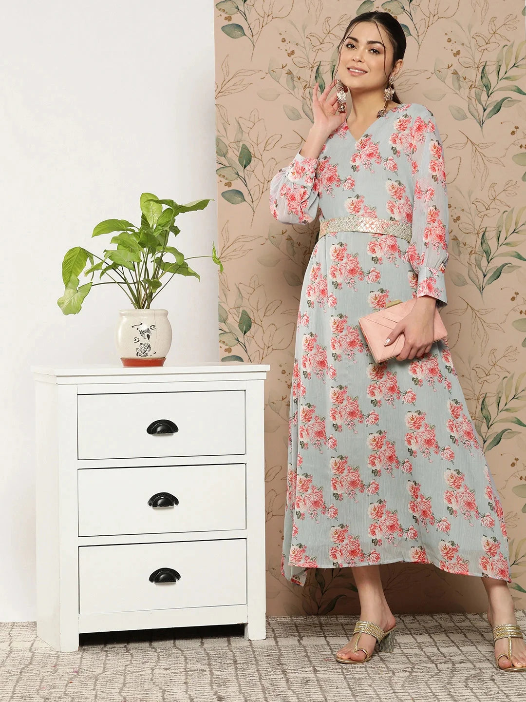 Floral Chiffon A Line Midi Dress
