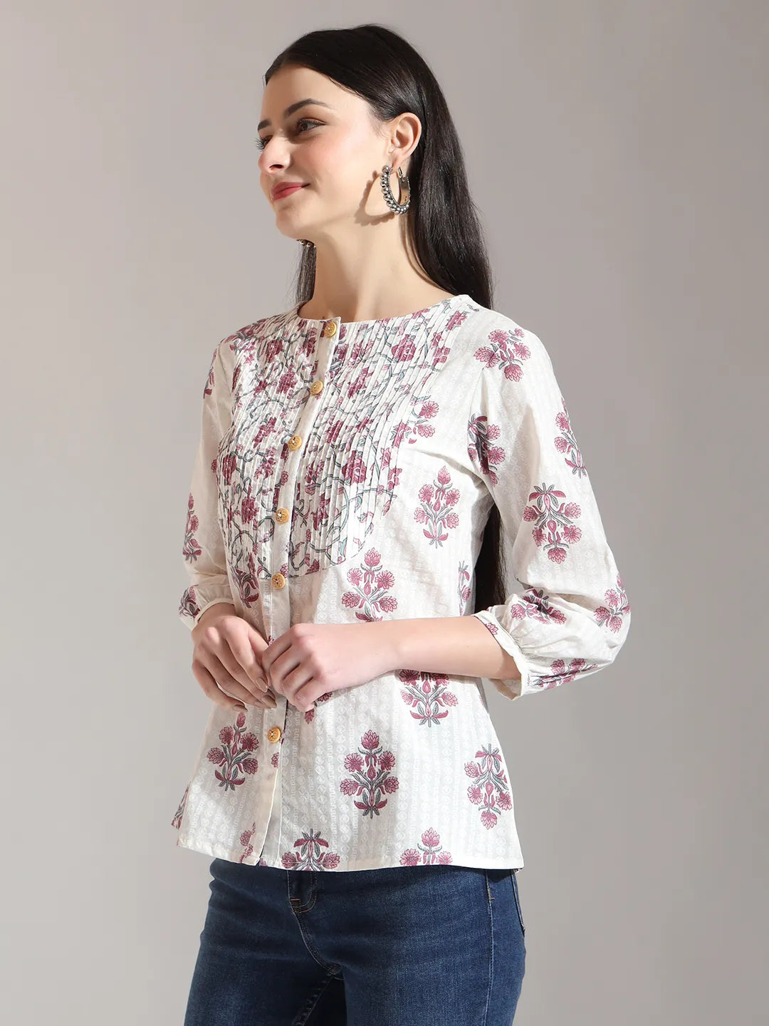 Floral Print Pure Cotton Pin Tuck Top