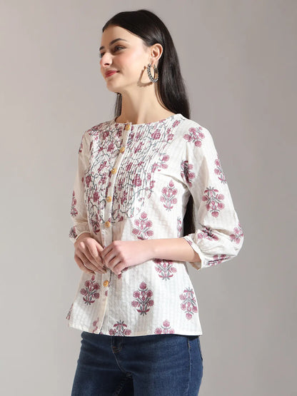 Floral Print Pure Cotton Pin Tuck Top