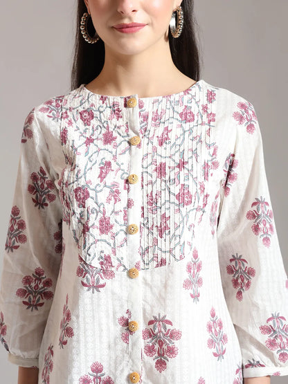 Floral Print Pure Cotton Pin Tuck Top