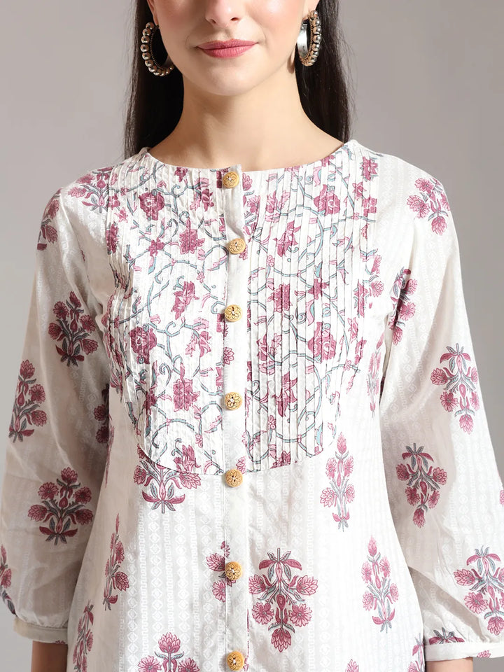 Floral Print Pure Cotton Pin Tuck Top