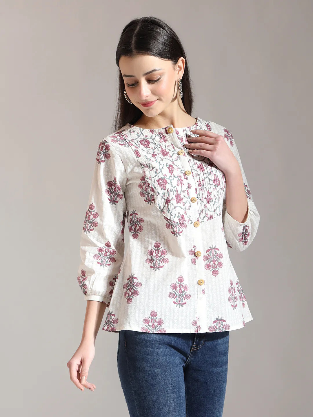 Floral Print Pure Cotton Pin Tuck Top