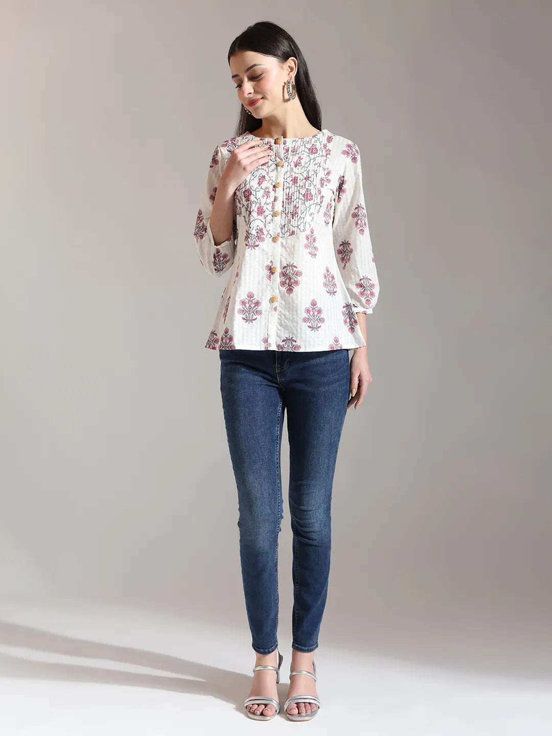 Floral Print Pure Cotton Pin Tuck Top