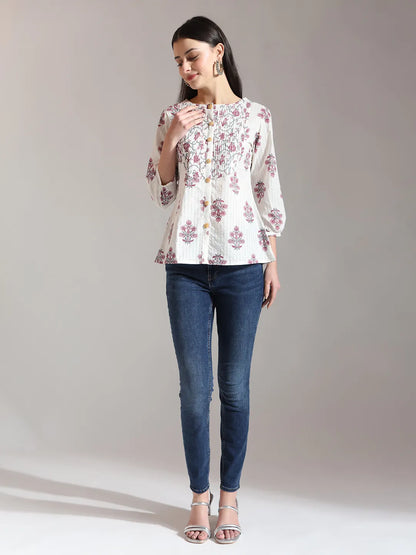 Floral Print Pure Cotton Pin Tuck Top