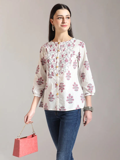 Floral Print Pure Cotton Pin Tuck Top