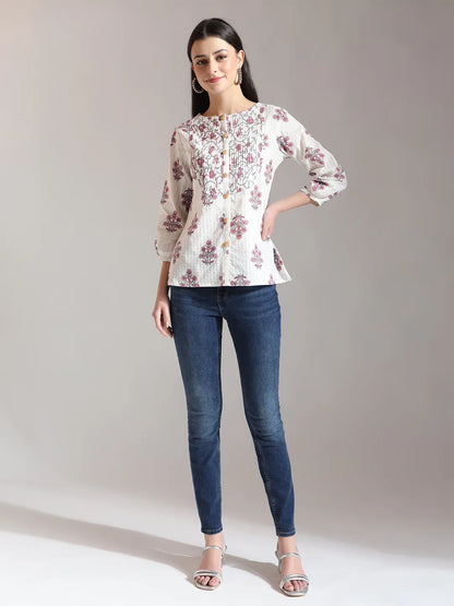 Floral Print Pure Cotton Pin Tuck Top