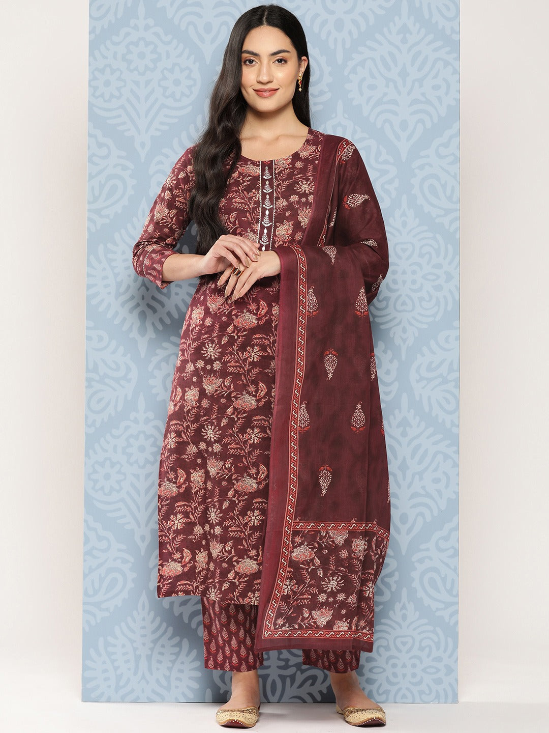 Floral Printed Regular Gotta Patti Pure Cotton Kurta With Trousers &amp; Dupatta