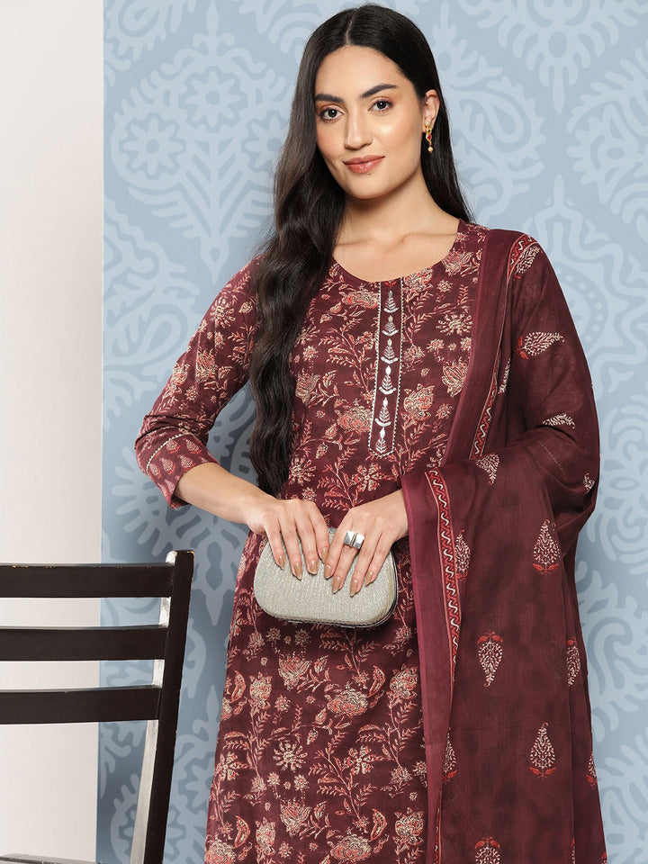 Floral Printed Regular Gotta Patti Pure Cotton Kurta With Trousers &amp; Dupatta