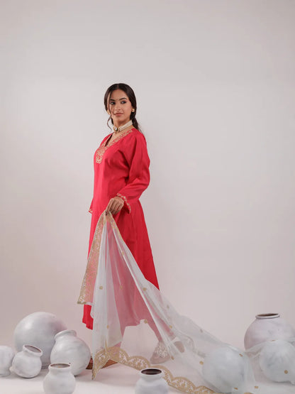 Fuchsia Silk Embroidered Kurta Dupatta Set