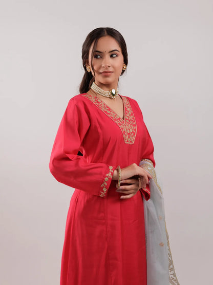 Fuchsia Silk Embroidered Kurta Dupatta Set