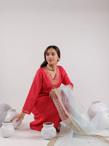 Fuchsia Silk Embroidered Kurta Dupatta Set