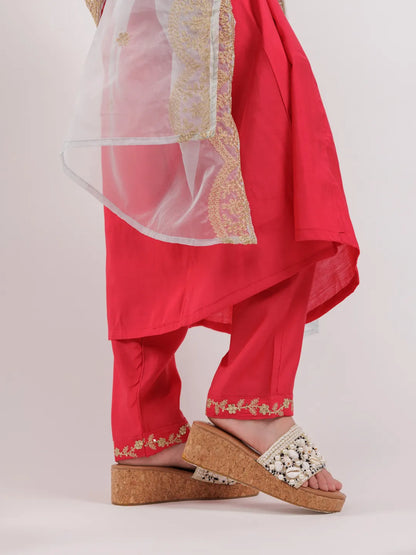 Fuchsia Silk Embroidered Kurta Dupatta Set