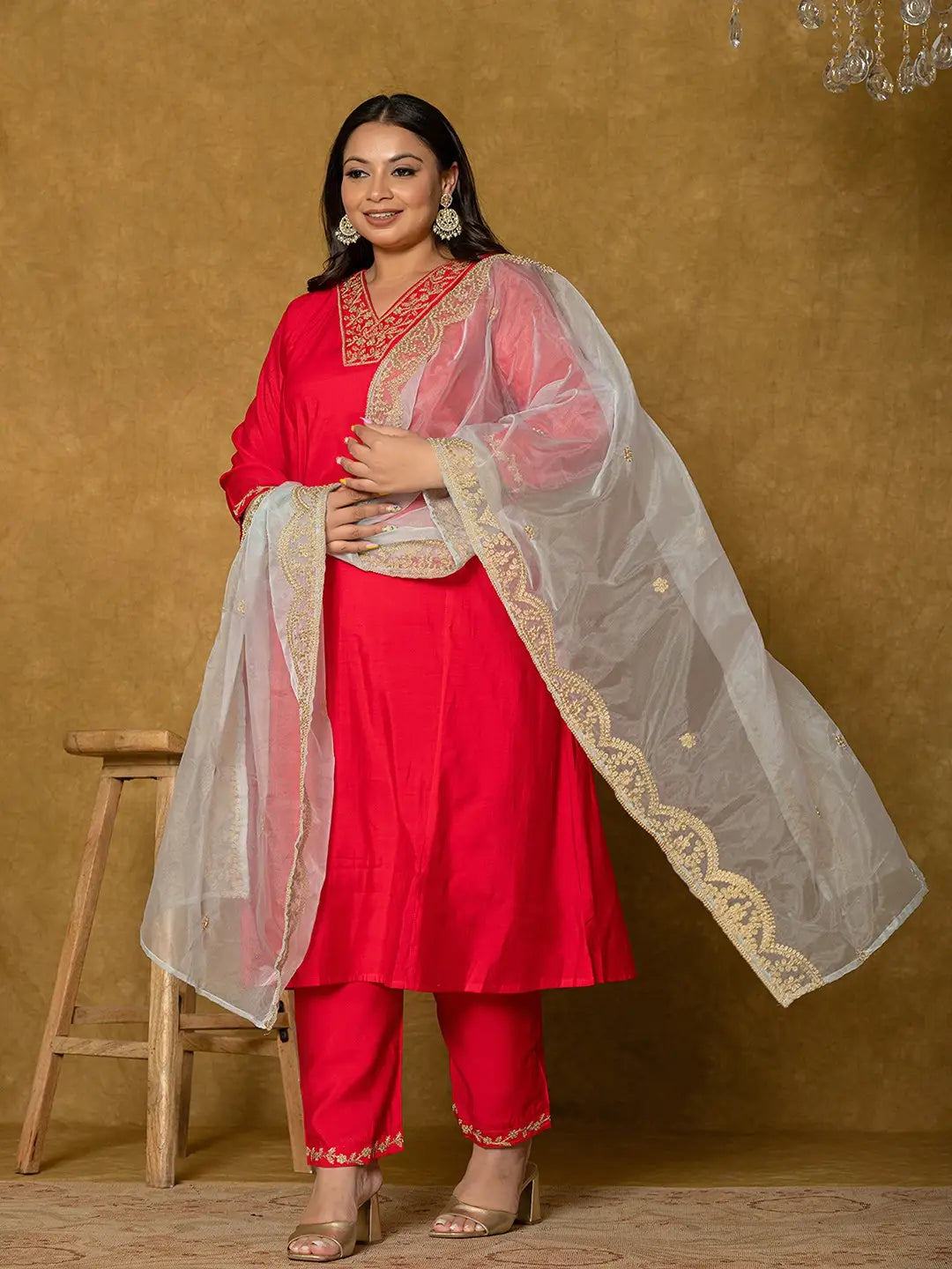 Fuchsia Silk Embroidered Plus Size Kurta Dupatta Set
