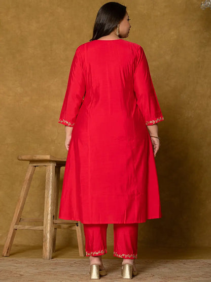 Fuchsia Silk Embroidered Plus Size Kurta Dupatta Set