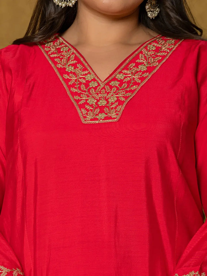 Fuchsia Silk Embroidered Plus Size Kurta Dupatta Set