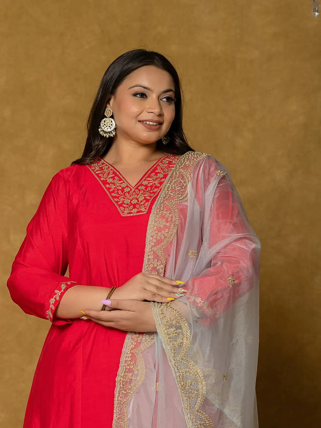 Fuchsia Silk Embroidered Plus Size Kurta Dupatta Set