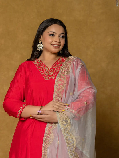 Fuchsia Silk Embroidered Plus Size Kurta Dupatta Set