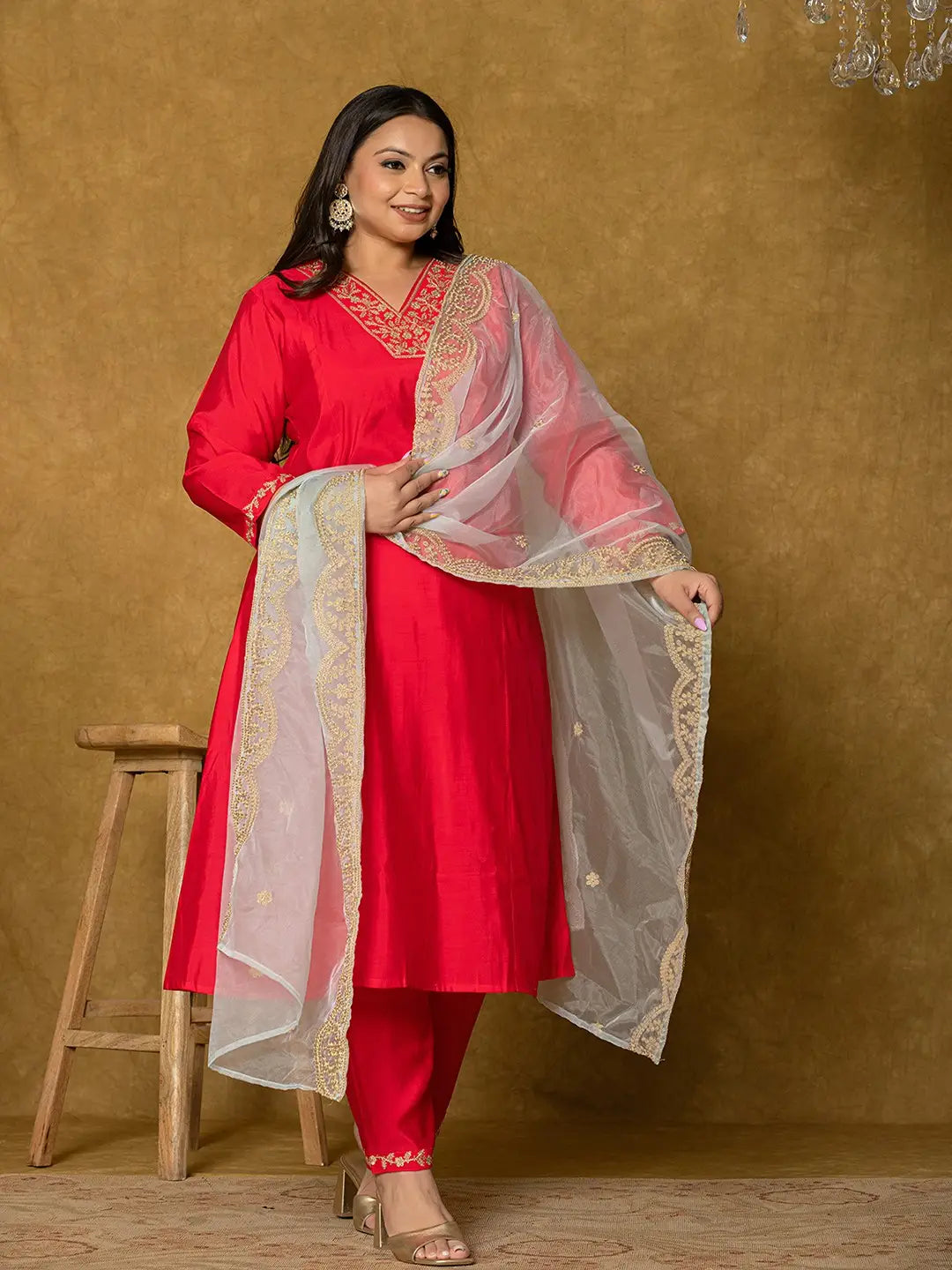 Fuchsia Silk Embroidered Plus Size Kurta Dupatta Set