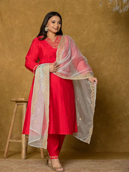 Fuchsia Silk Embroidered Plus Size Kurta Dupatta Set