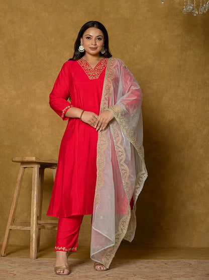 Fuchsia Silk Embroidered Plus Size Kurta Dupatta Set