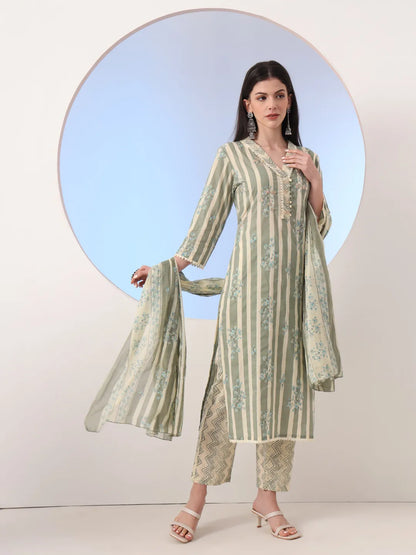 Green And Cream Striped Straight Thread Work Kurta And Trouser With Dupatta Set