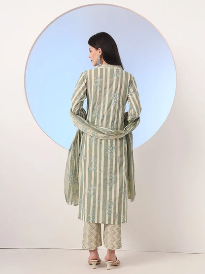 Green And Cream Striped Straight Thread Work Kurta And Trouser With Dupatta Set