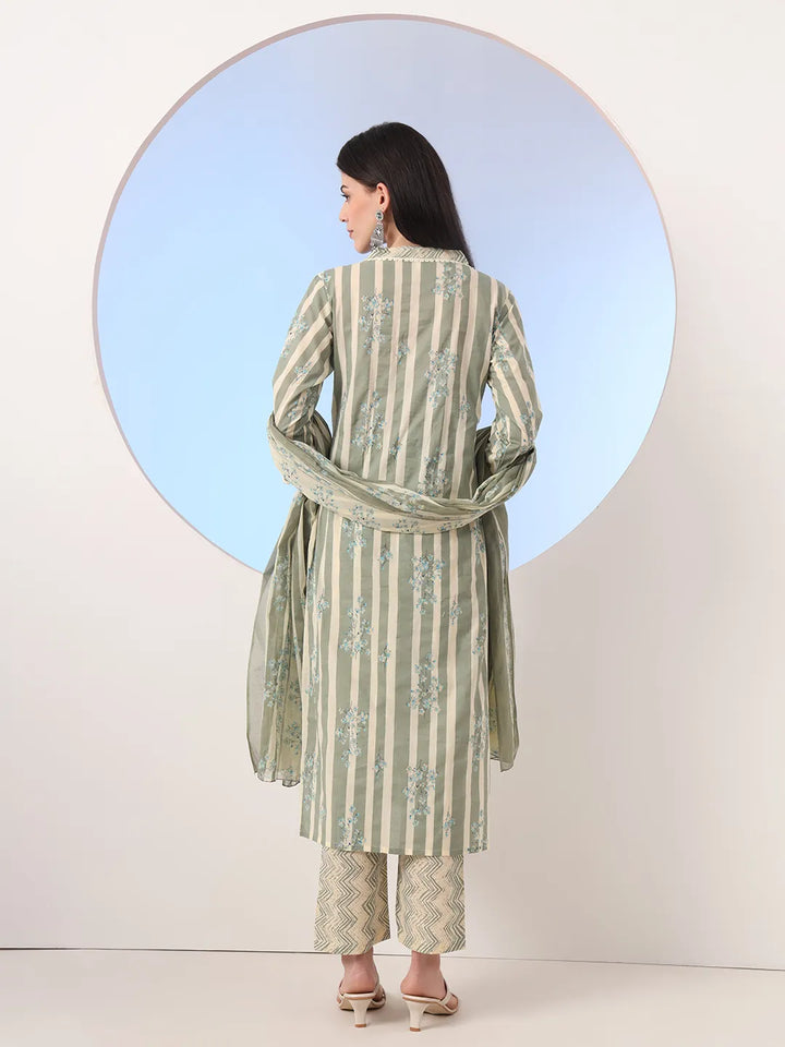 Green And Cream Striped Straight Thread Work Kurta And Trouser With Dupatta Set