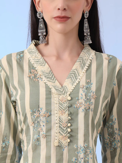 Green And Cream Striped Straight Thread Work Kurta And Trouser With Dupatta Set