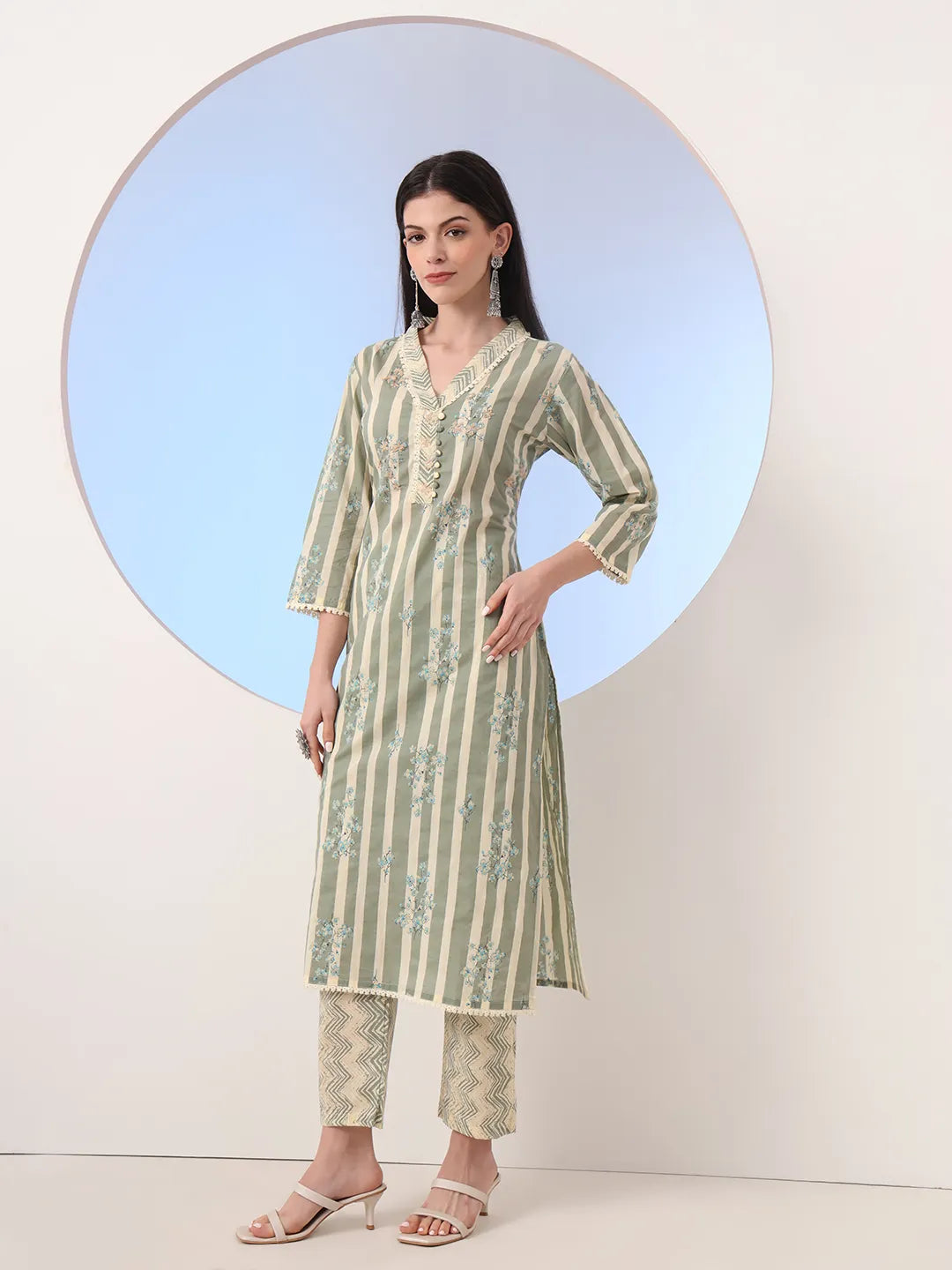 Green And Cream Striped Straight Thread Work Kurta And Trouser With Dupatta Set