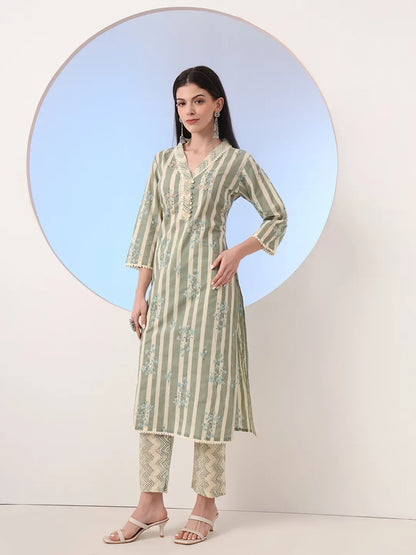 Green And Cream Striped Straight Thread Work Kurta And Trouser With Dupatta Set