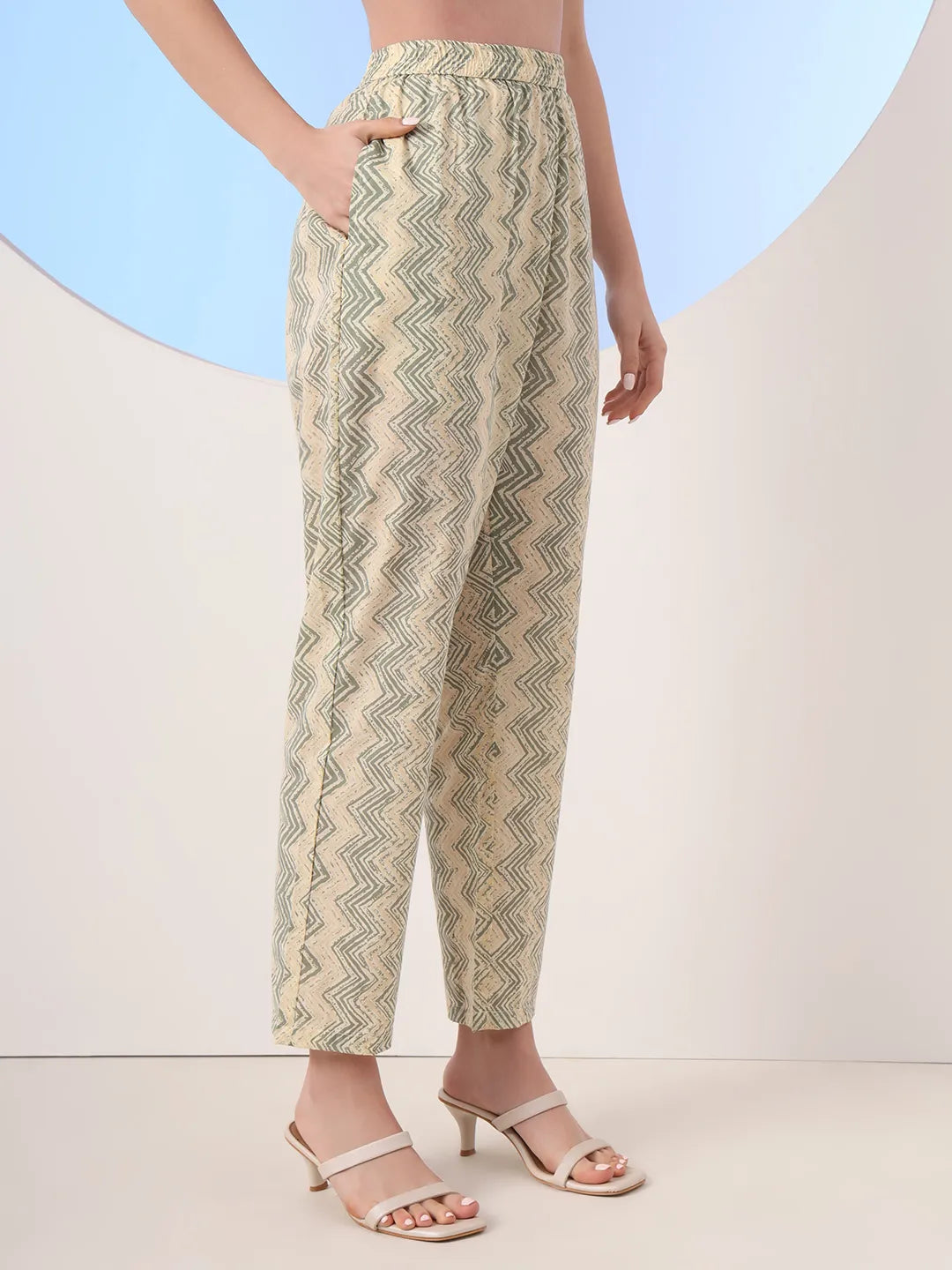 Green And Cream Striped Straight Thread Work Kurta And Trouser With Dupatta Set