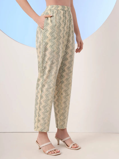 Green And Cream Striped Straight Thread Work Kurta And Trouser With Dupatta Set