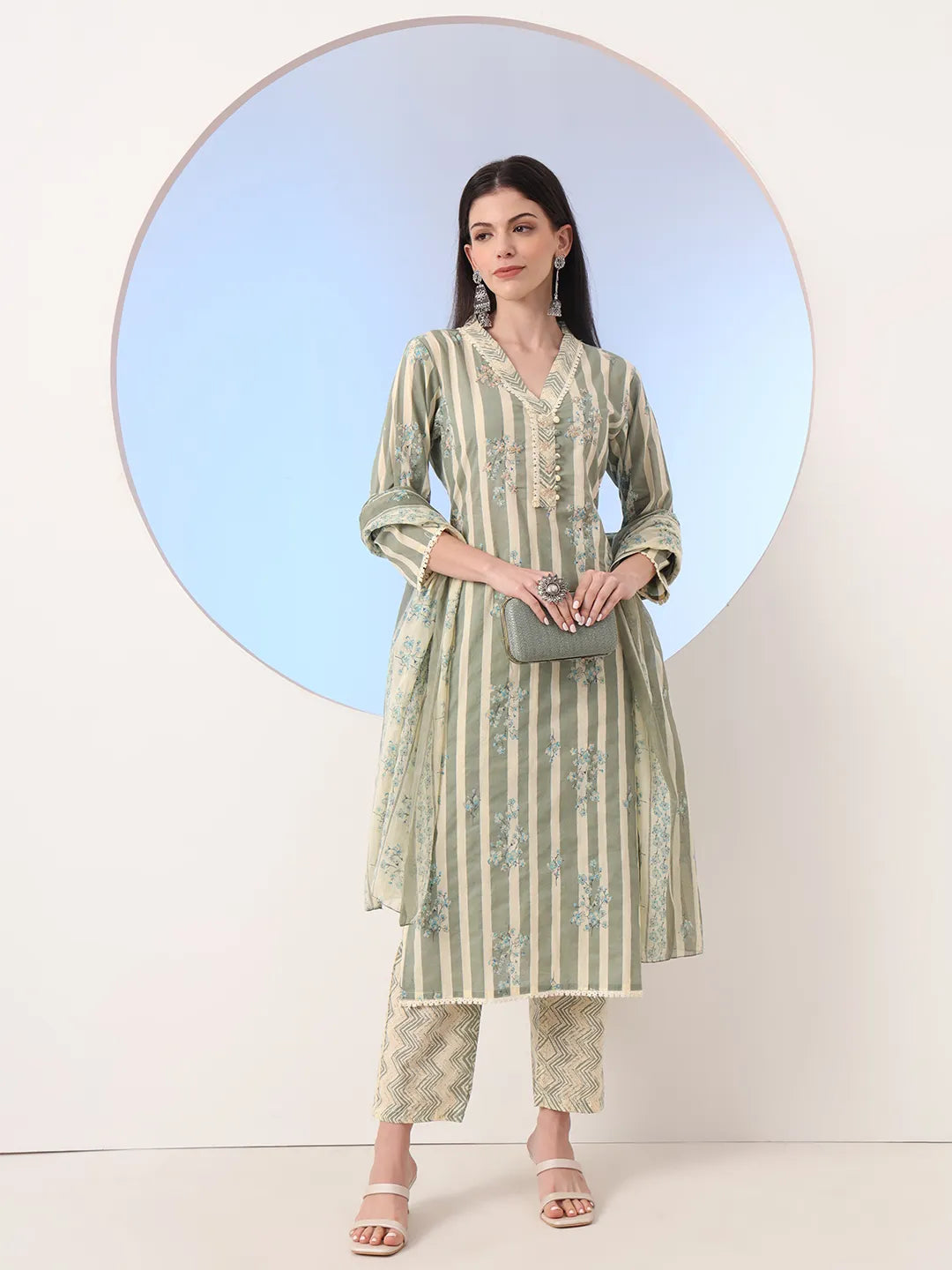 Green And Cream Striped Straight Thread Work Kurta And Trouser With Dupatta Set