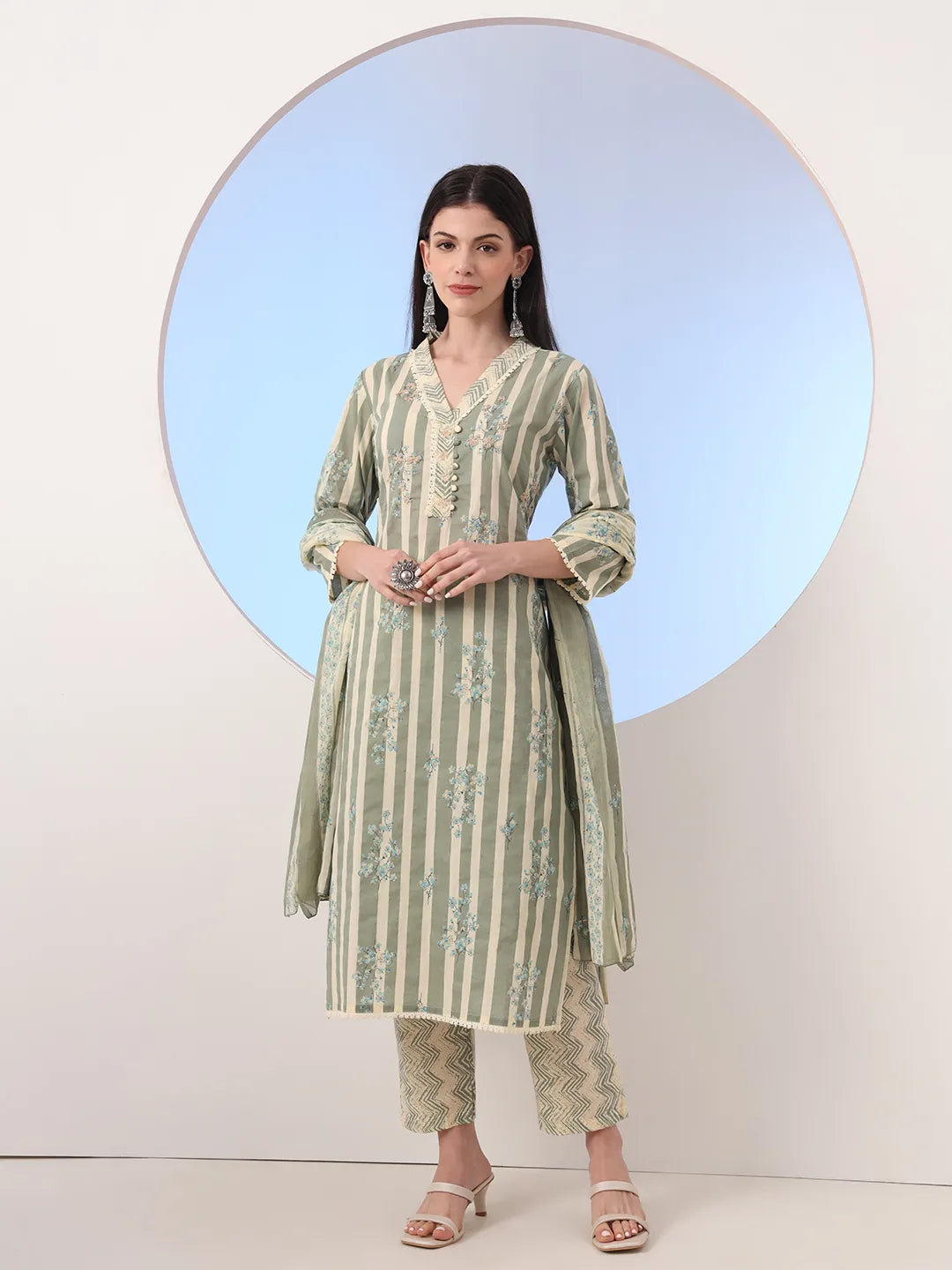 Green And Cream Striped Straight Thread Work Kurta And Trouser With Dupatta Set