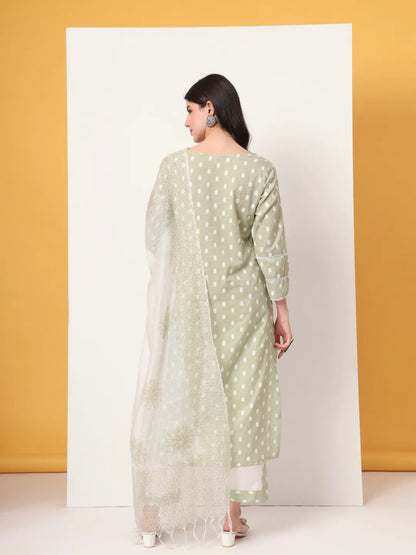 Green And White Cotton Straight Kurta Dupatta Set