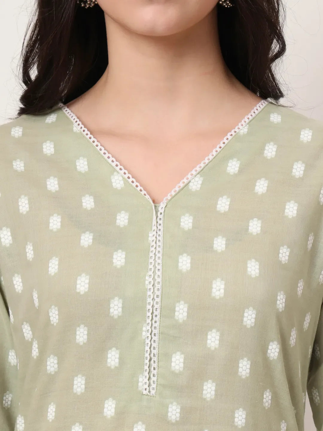 Green And White Cotton Straight Kurta Dupatta Set